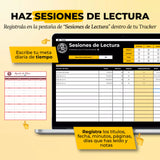 Tracker de Lectura en Google Sheets mostrando lista de libros con progreso, calificación y notas por título (vista 3) — vista 3