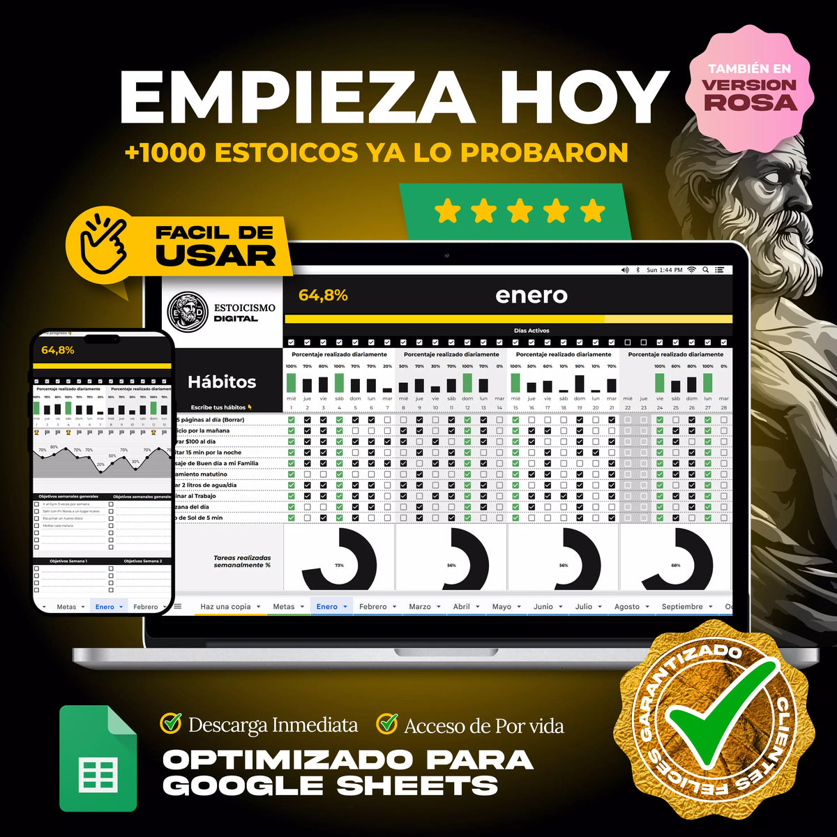 Tracker de Hábitos en Google Sheets mostrando racha diaria activa y resumen mensual de cumplimiento (vista 5) — vista 5