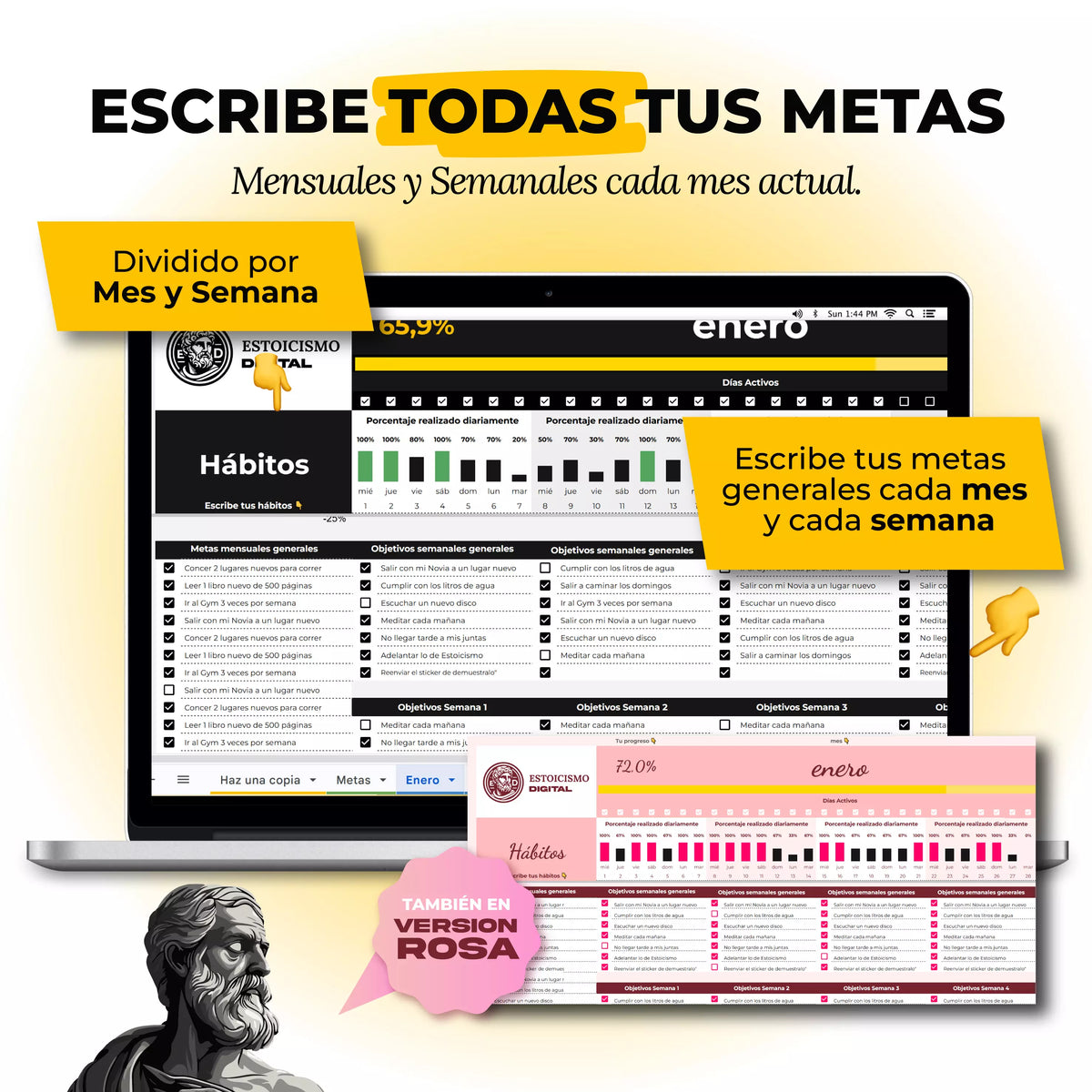 Tracker de Hábitos en Google Sheets mostrando racha diaria activa y resumen mensual de cumplimiento (vista 3) — vista 3