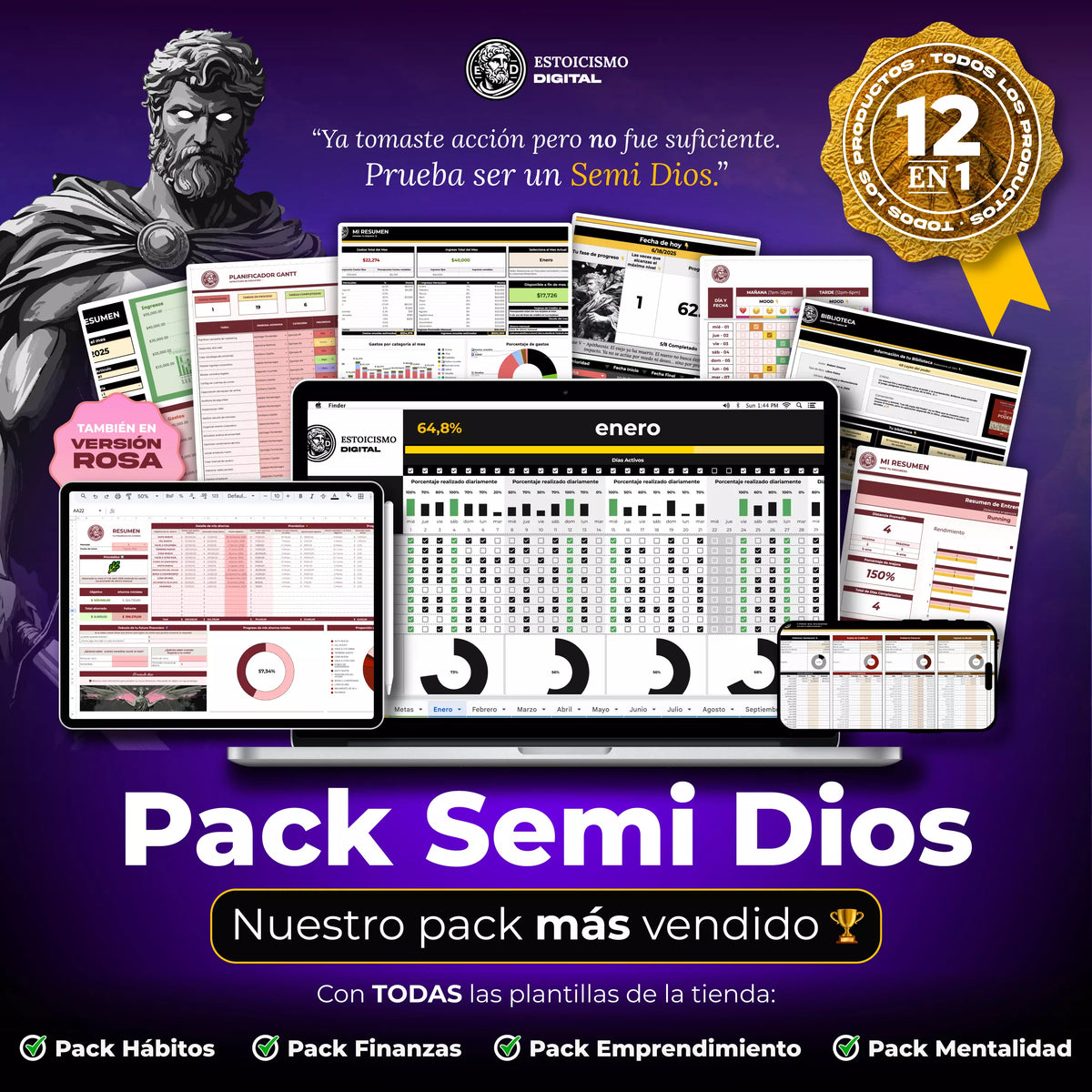 Pack Semi Dios - 12 plantillas en Google Sheets para dominar hábitos, finanzas y mentalidad (vista 2) — vista 2